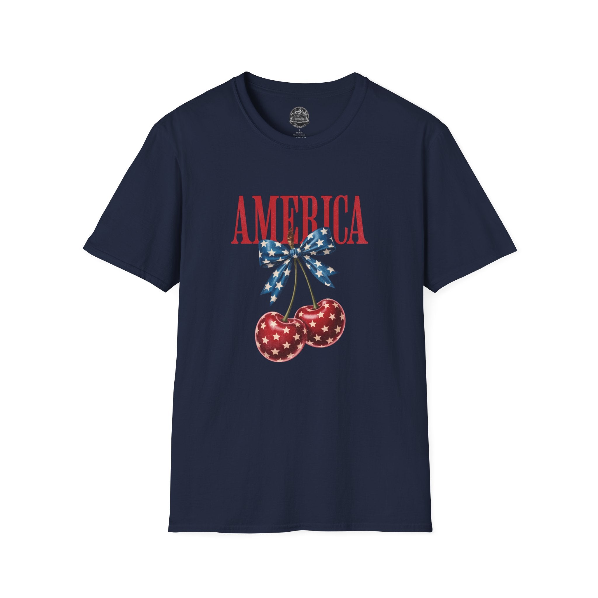 America Cherry Graphic T‑Shirt — Patriotic Stars & Stripes Bow Tee