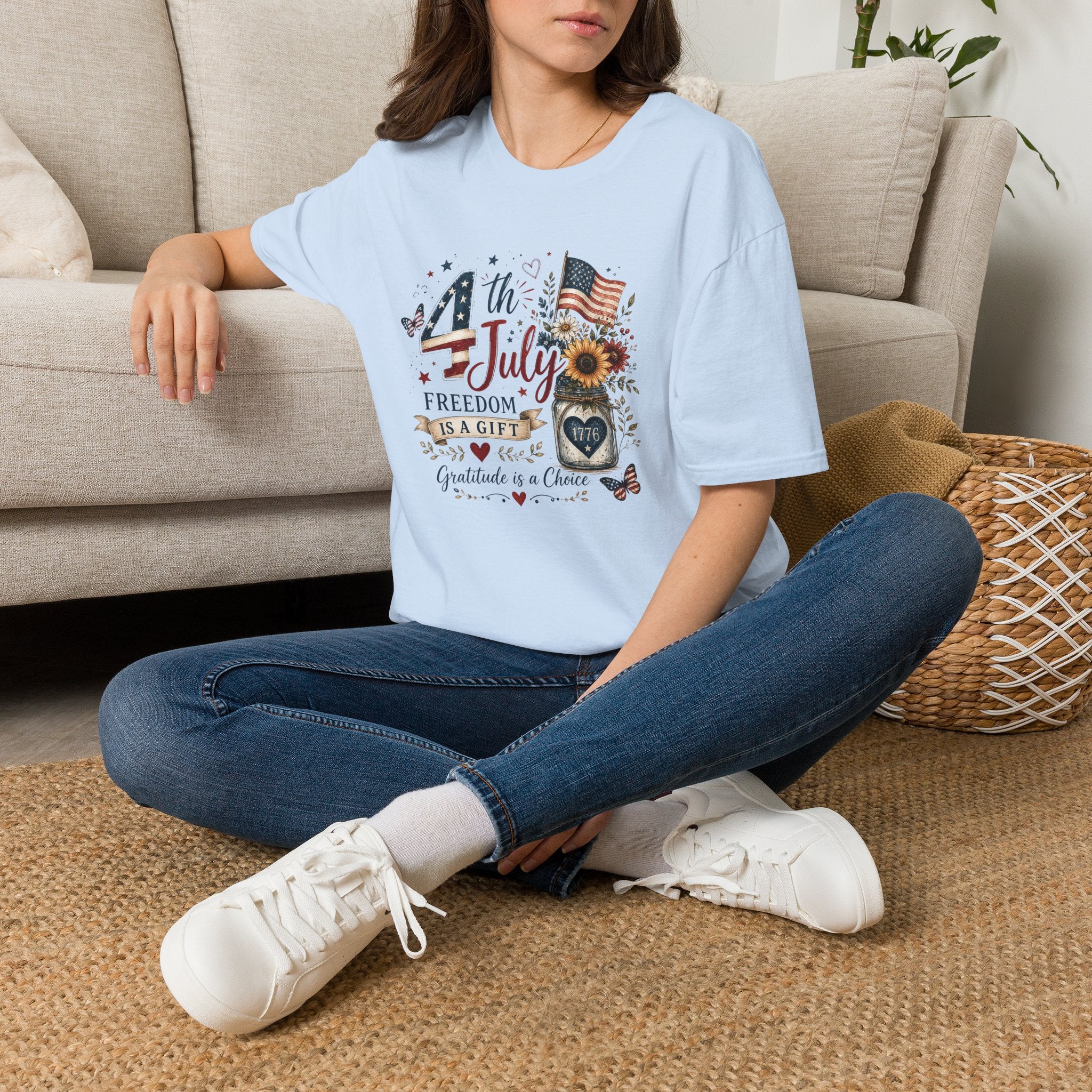 4th of July T-Shirt — "Freedom Is A Gift" Patriotic American Flag & Sunflower Tee
