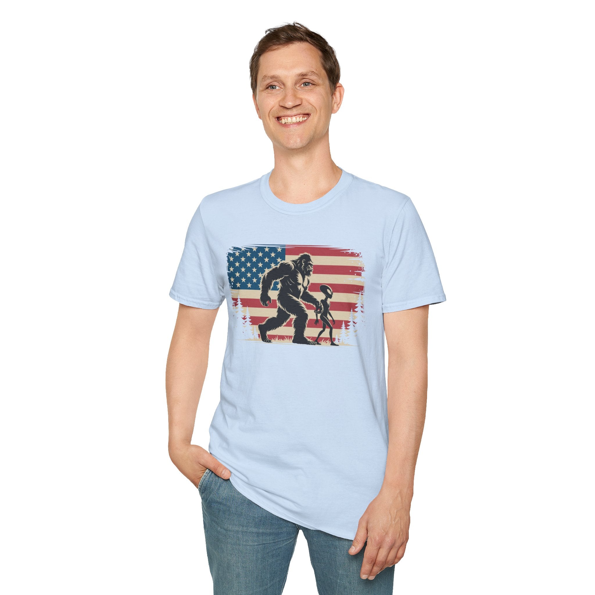 Bigfoot & Alien Patriotic T-Shirt — Distressed Flag Cryptid Design