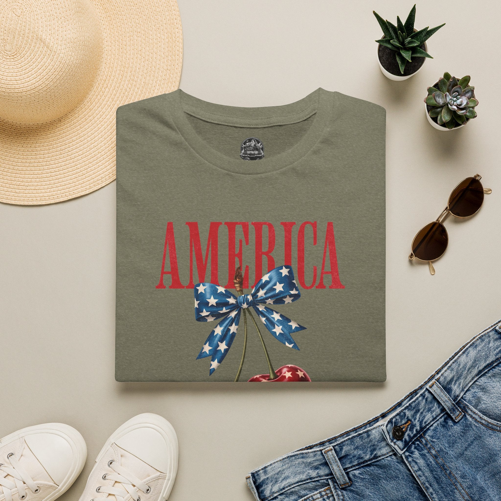 Patriotic Cherry T-Shirt — Glossy Stars & Vintage “AMERICA” Design