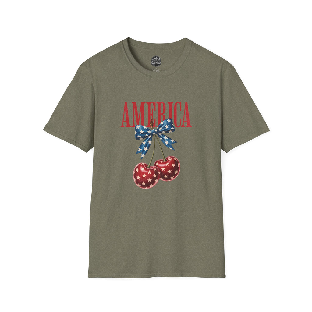 America Cherry Graphic T‑Shirt — Patriotic Stars & Stripes Bow Tee
