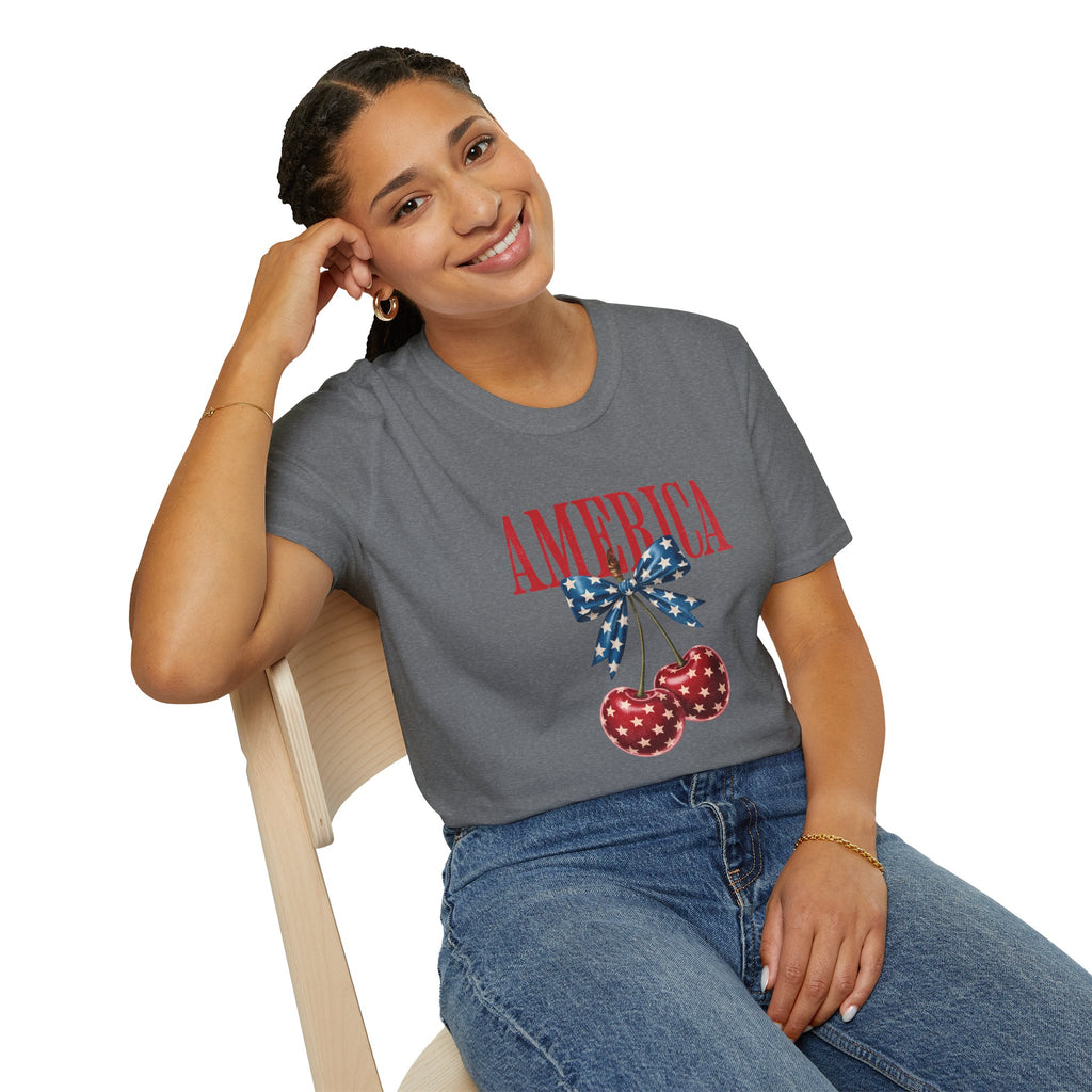 America Cherry Graphic T‑Shirt — Patriotic Stars & Stripes Bow Tee