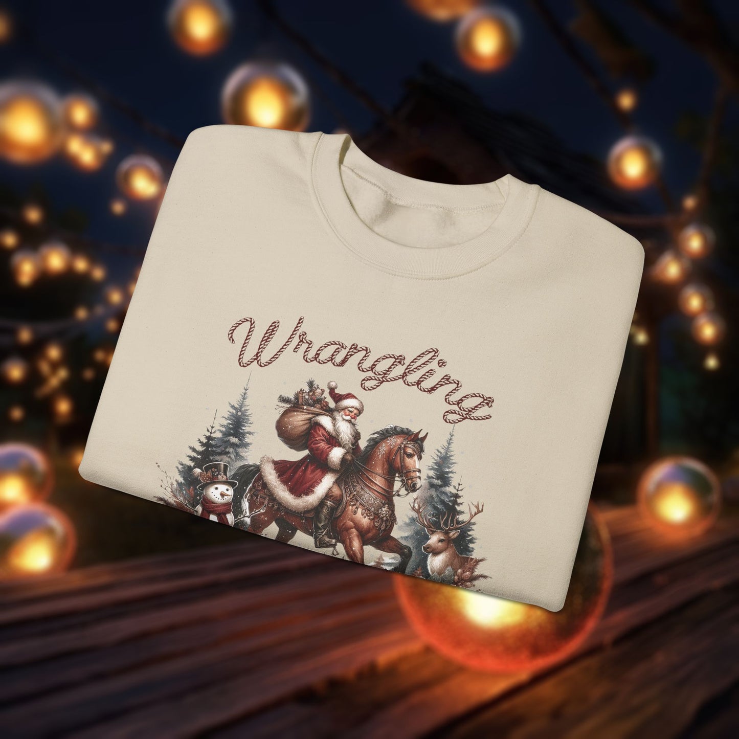 Christmas Western Sweatshirt with Santa on Horse and Snowman