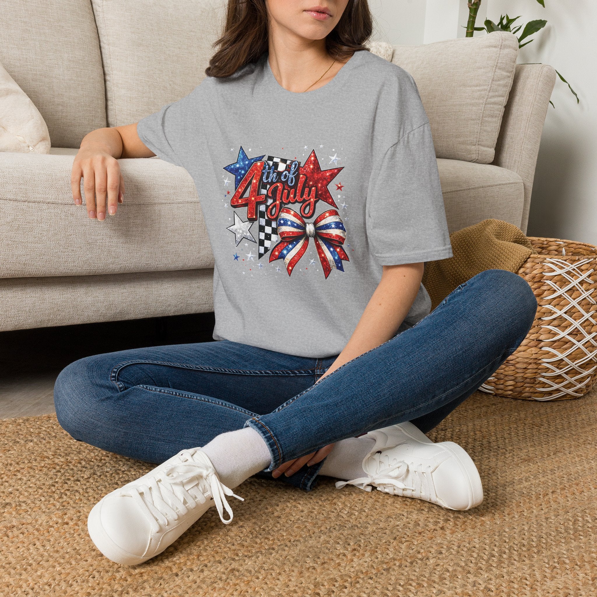 4th of July Patriotic T-Shirt – Red White Blue Stars & Bow Design