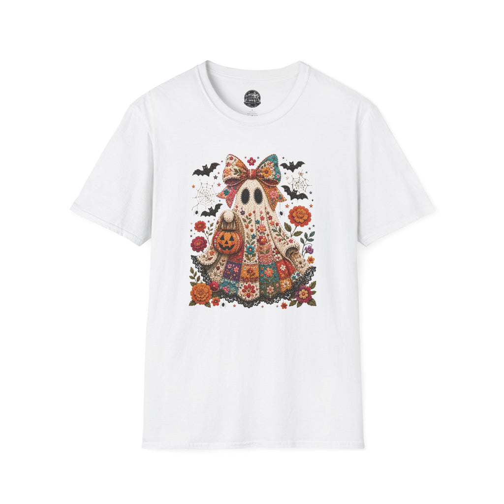 Patchwork Floral Ghost Halloween Shirt | Quilted Boho Ghost with Pumpkin and Bats