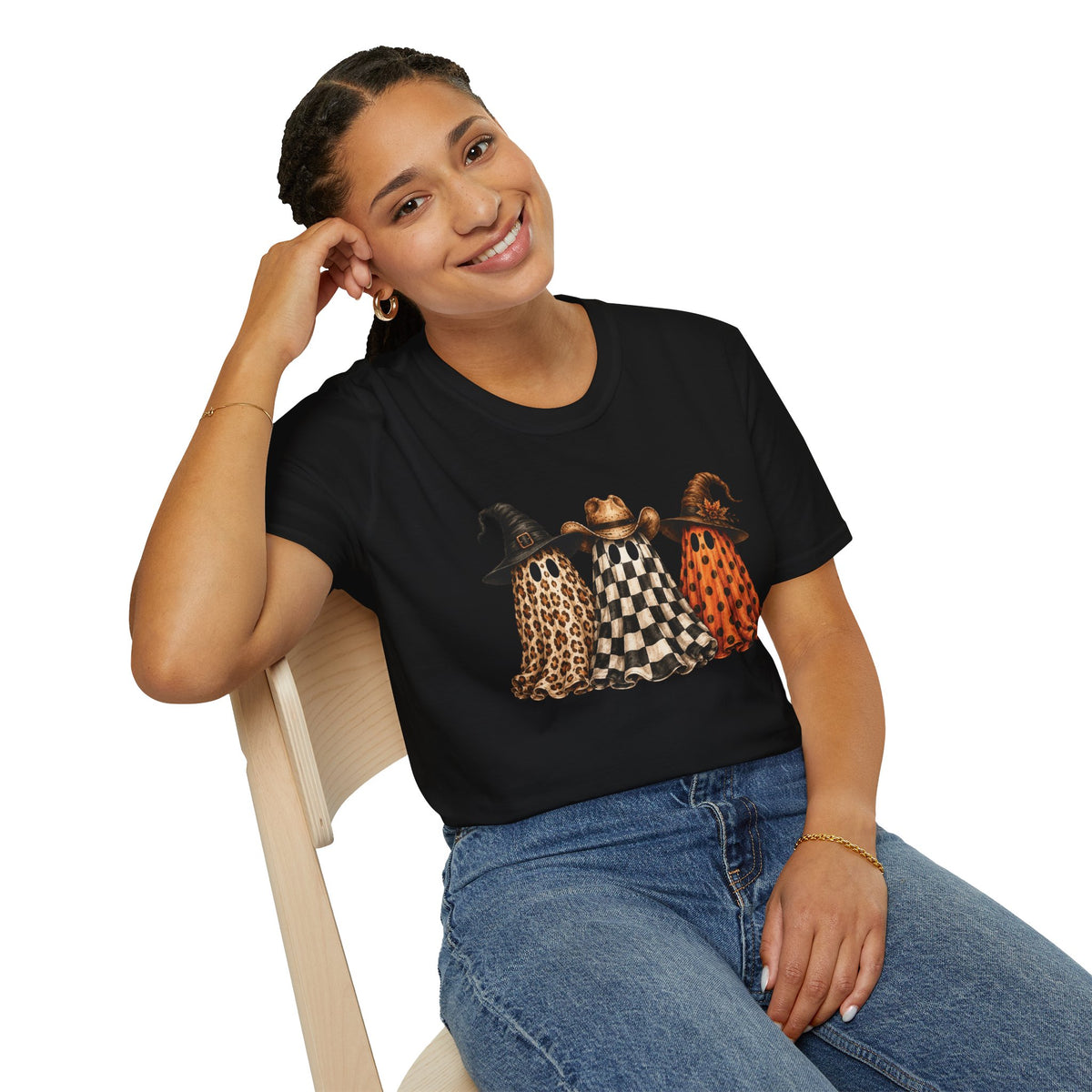 Halloween Ghost Trio T-Shirt — Leopard, Checker & Pumpkin Hat Design