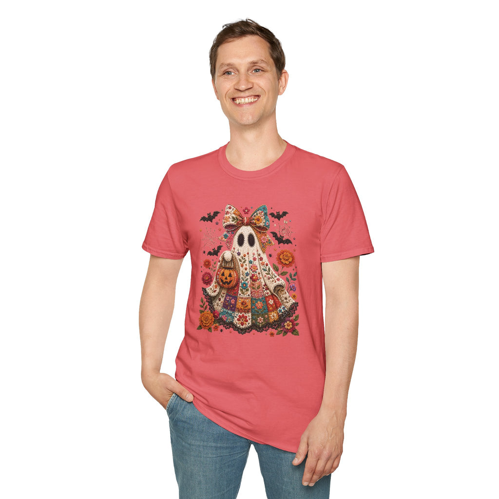 Patchwork Floral Ghost Halloween Shirt | Quilted Boho Ghost with Pumpkin and Bats