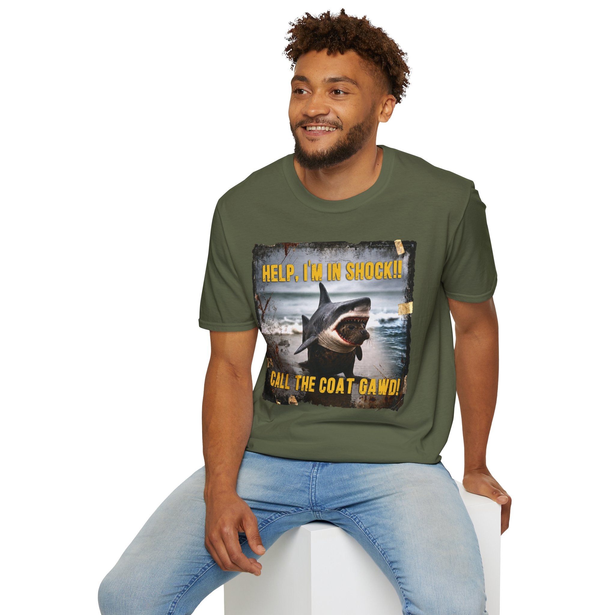 Shark Graphic T-Shirt — "Help, I'm in Shock!" Funny Beachwear