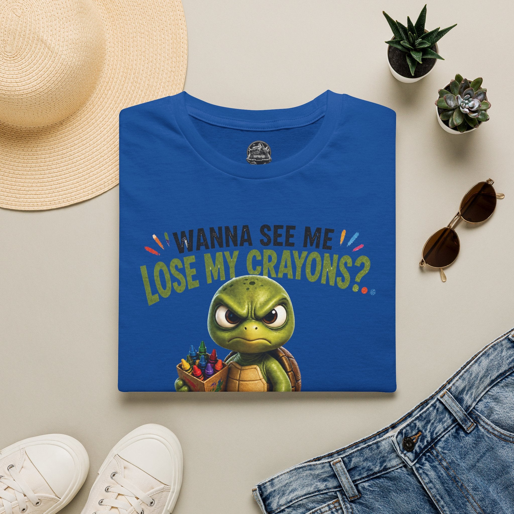 Funny Angry Turtle T-Shirt — “Wanna See Me Lose My Crayons? Do That Again…” — Teacher & Art Lover Tee