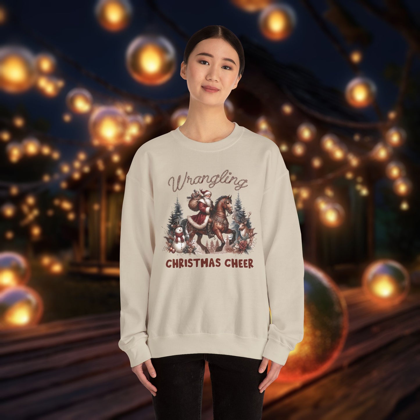 Christmas Western Sweatshirt with Santa on Horse and Snowman