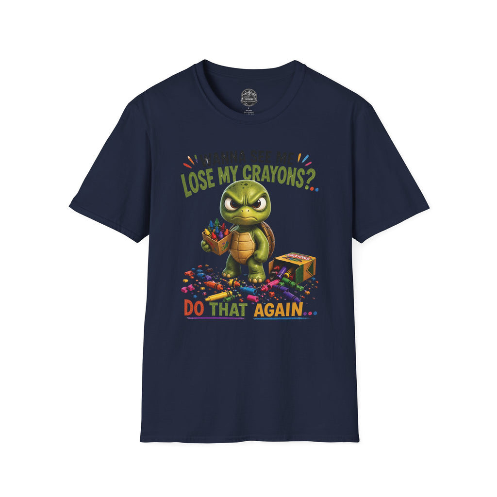 Funny Angry Turtle T-Shirt — “Wanna See Me Lose My Crayons? Do That Again…” — Teacher & Art Lover Tee
