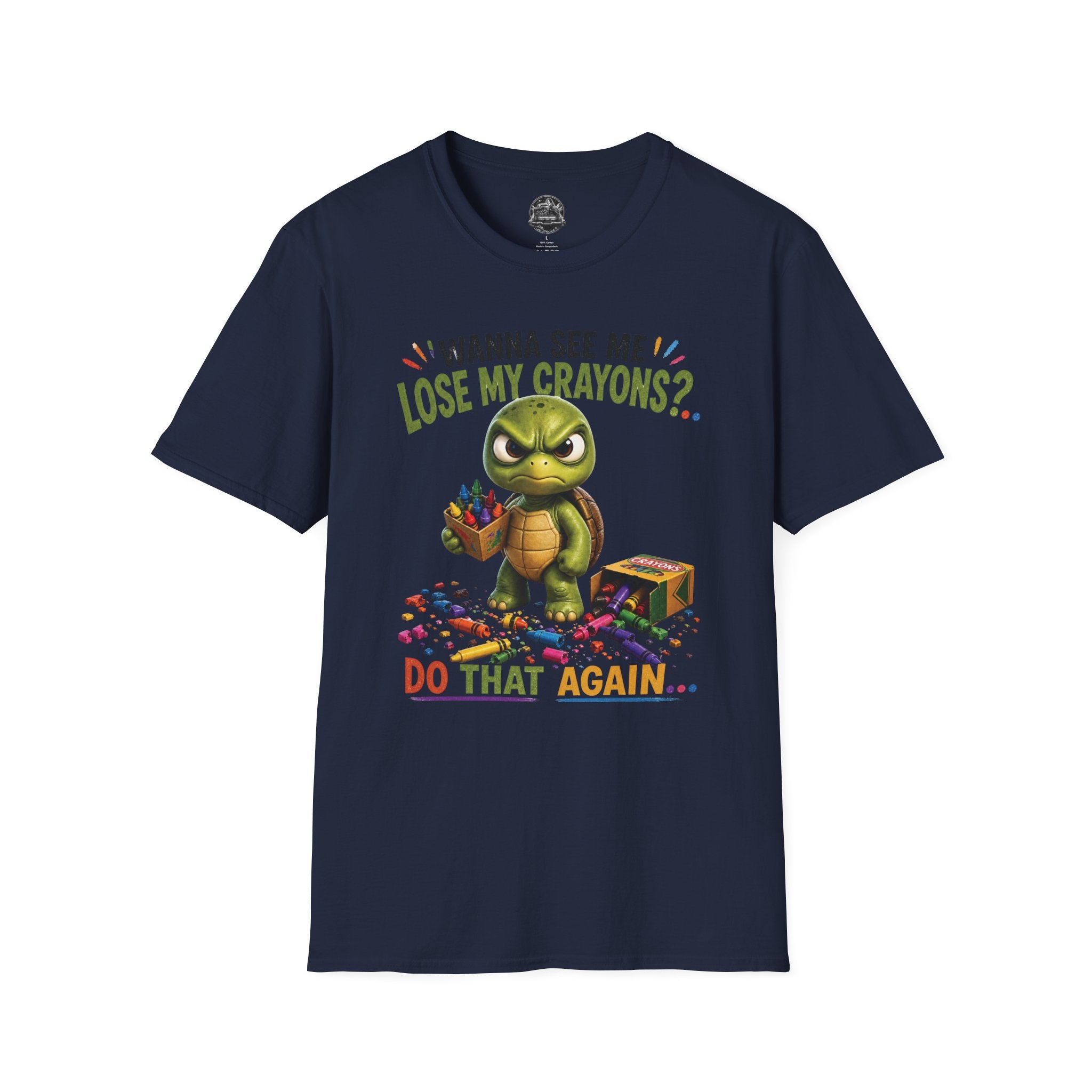 Funny Angry Turtle T-Shirt — “Wanna See Me Lose My Crayons? Do That Again…” — Teacher & Art Lover Tee