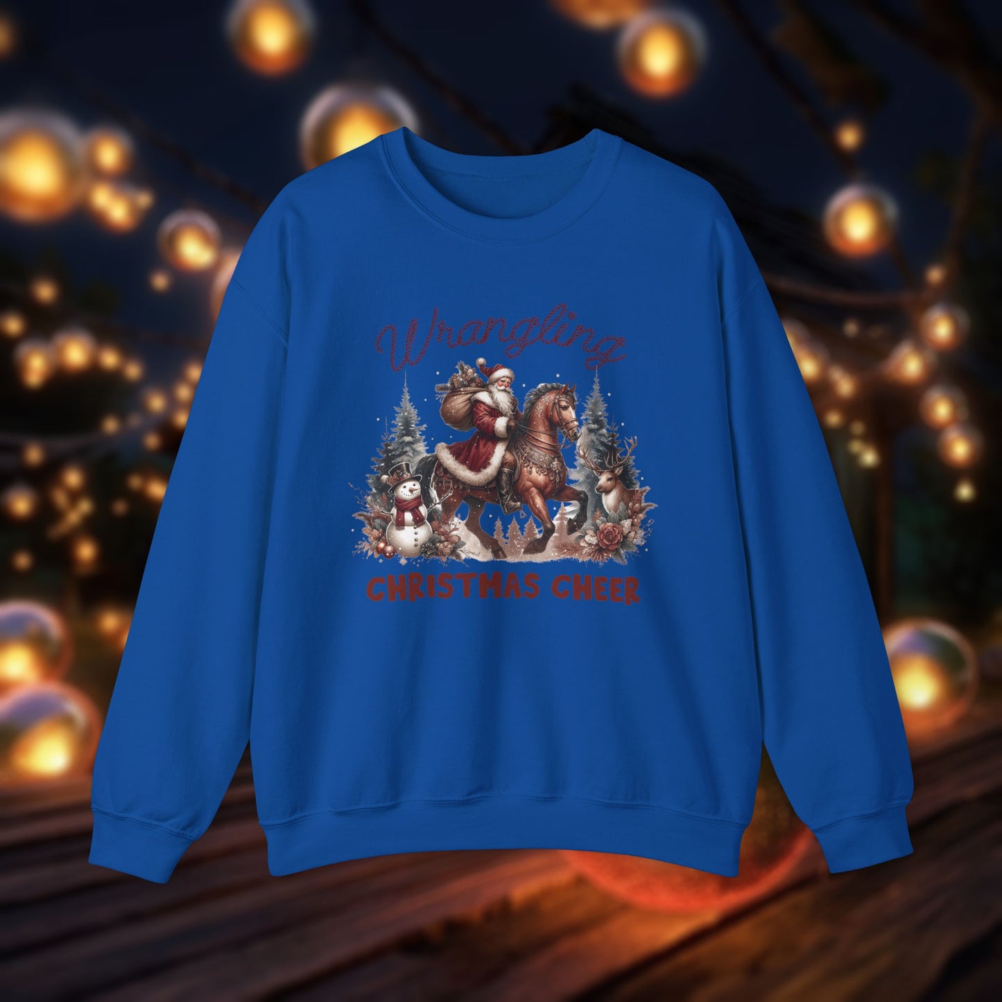 Christmas Western Sweatshirt with Santa on Horse and Snowman