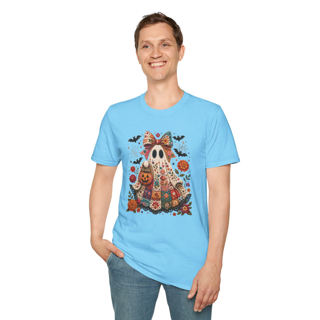 Patchwork Floral Ghost Halloween Shirt | Quilted Boho Ghost with Pumpkin and Bats