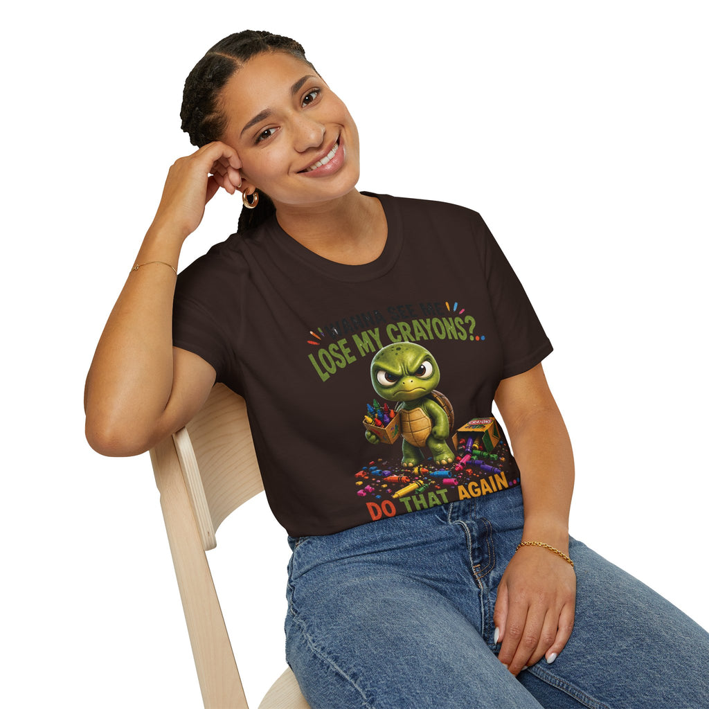Funny Angry Turtle T-Shirt — “Wanna See Me Lose My Crayons? Do That Again…” — Teacher & Art Lover Tee