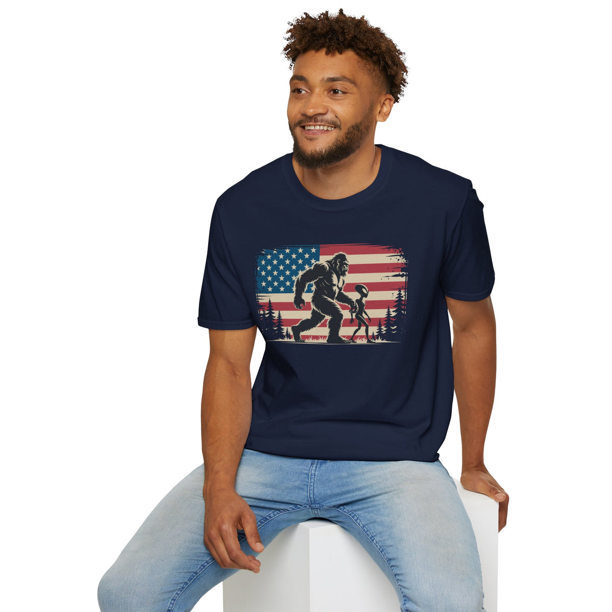 Bigfoot & Alien Patriotic T-Shirt — Distressed Flag Cryptid Design