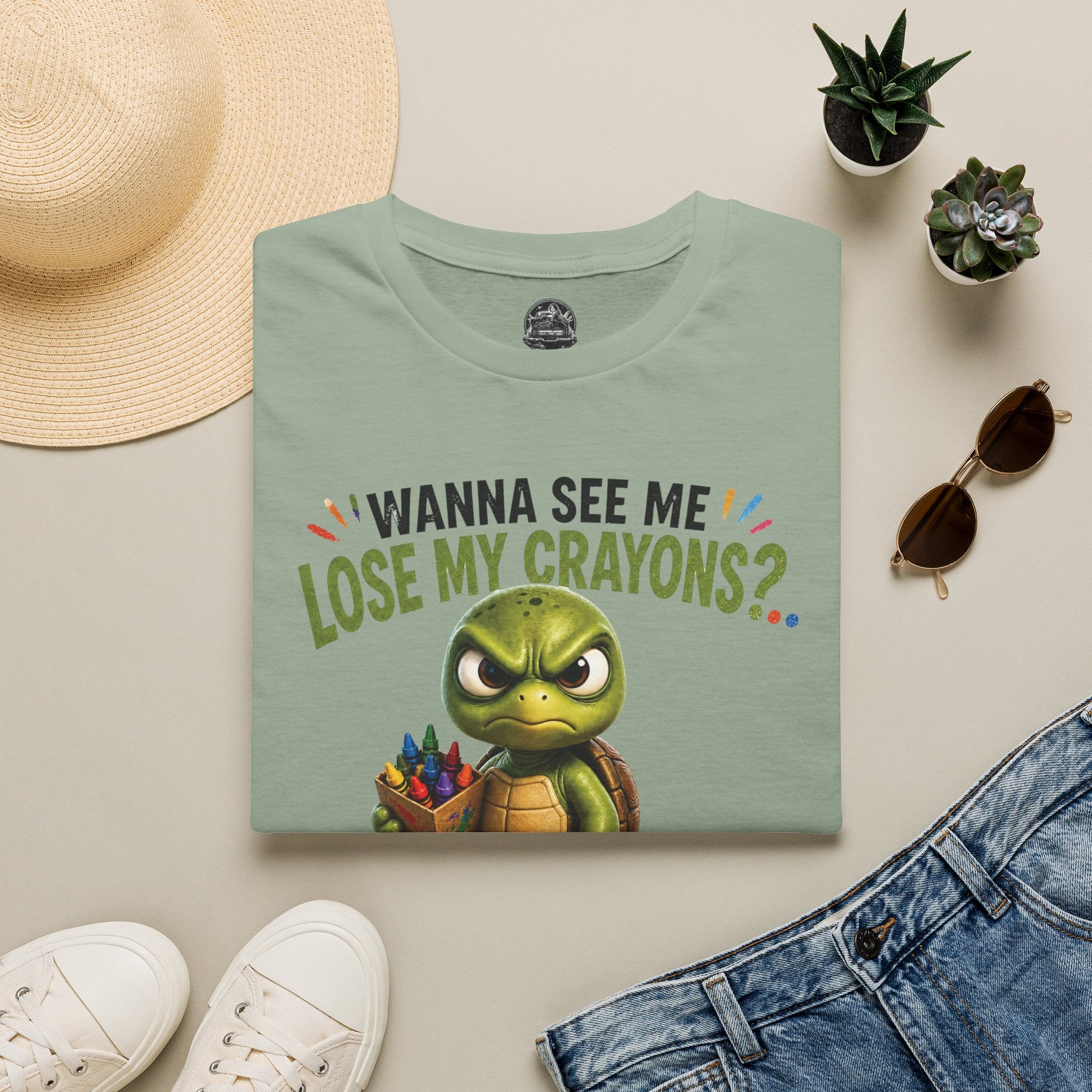 Funny Angry Turtle T-Shirt — “Wanna See Me Lose My Crayons? Do That Again…” — Teacher & Art Lover Tee