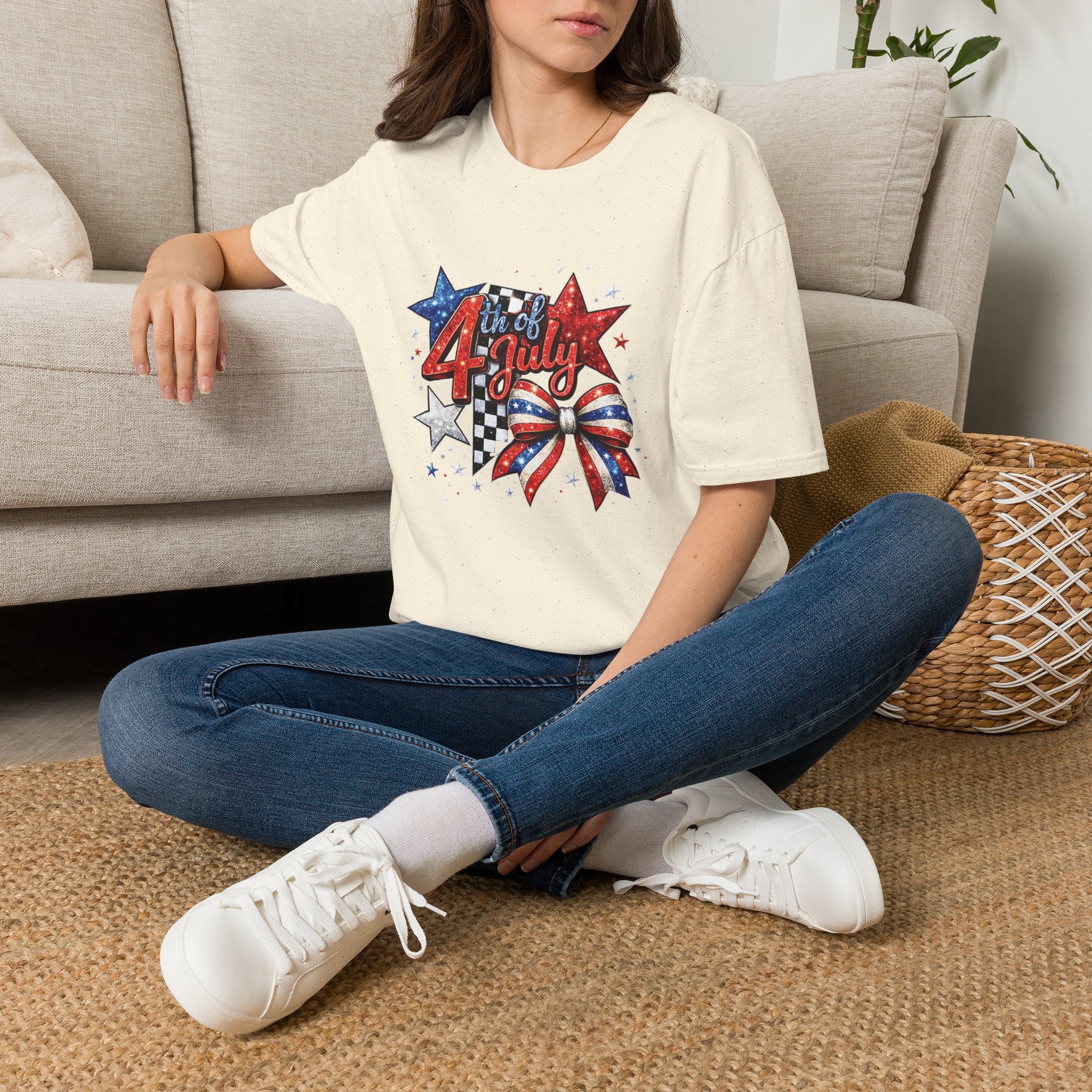 4th of July Patriotic T-Shirt – Red White Blue Stars & Bow Design