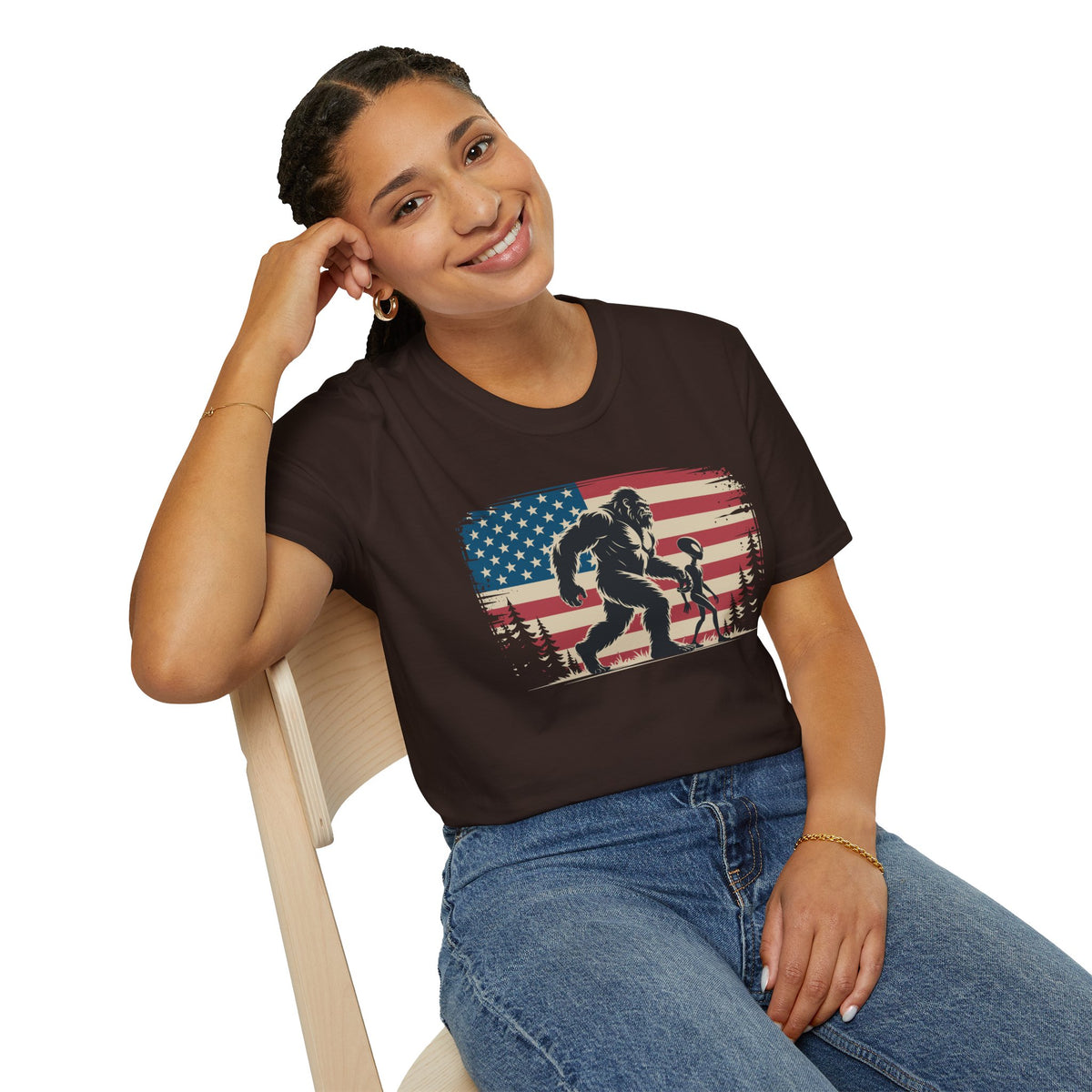 Bigfoot & Alien Patriotic T-Shirt — Distressed Flag Cryptid Design