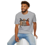 Halloween Ghost Trio T-Shirt — Leopard, Checker & Pumpkin Hat Design