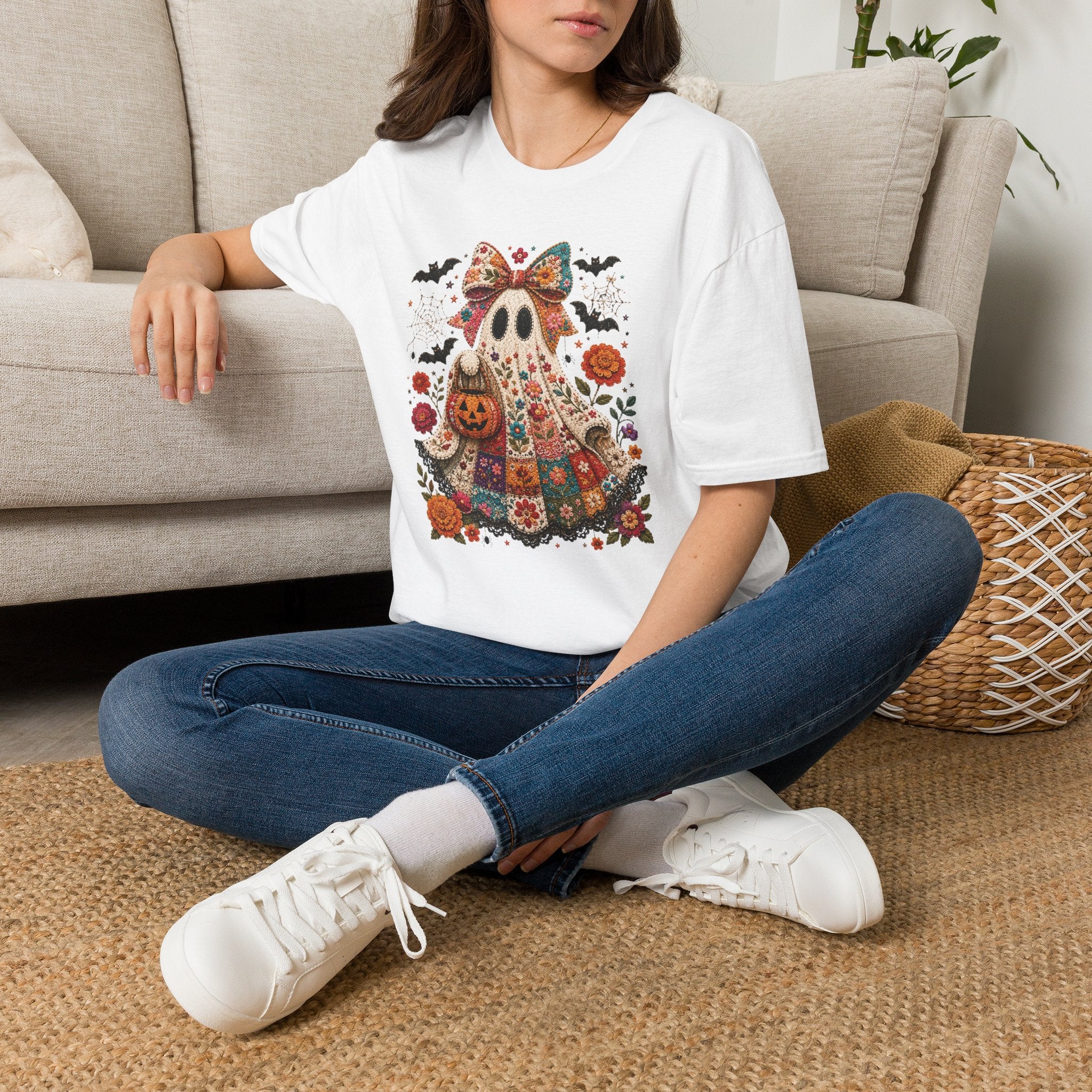 Patchwork Floral Ghost Halloween Shirt | Quilted Boho Ghost with Pumpkin and Bats