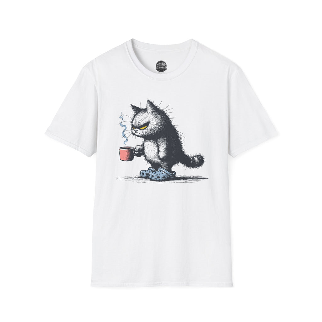 Cat Coffee T-Shirt — Grumpy Cat Holding Mug Illustration