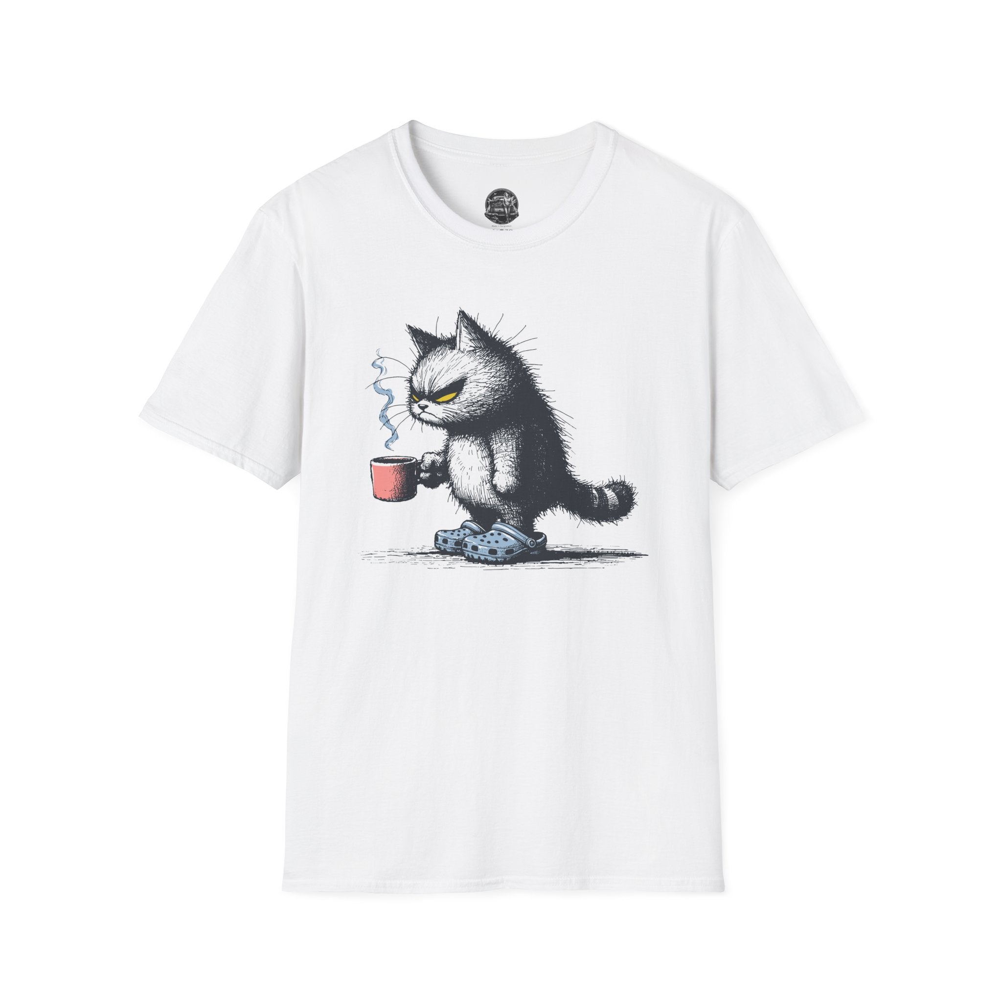 Cat Coffee T-Shirt — Grumpy Cat Holding Mug Illustration