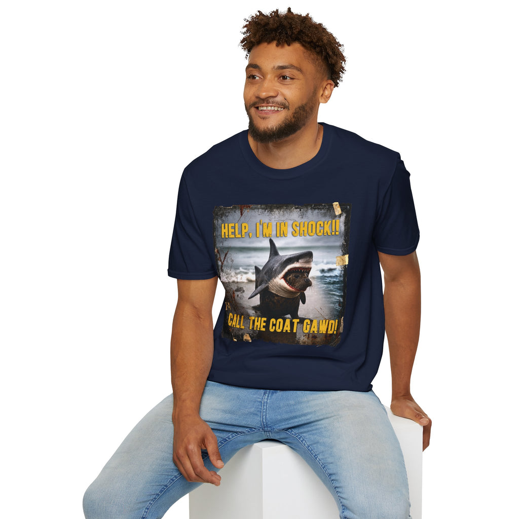 Shark Graphic T-Shirt — "Help, I'm in Shock!" Funny Beachwear