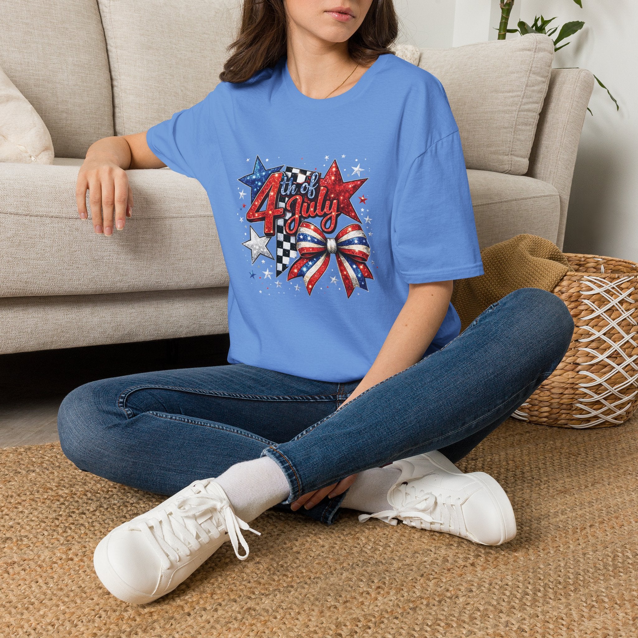 4th of July Patriotic T-Shirt – Red White Blue Stars & Bow Design