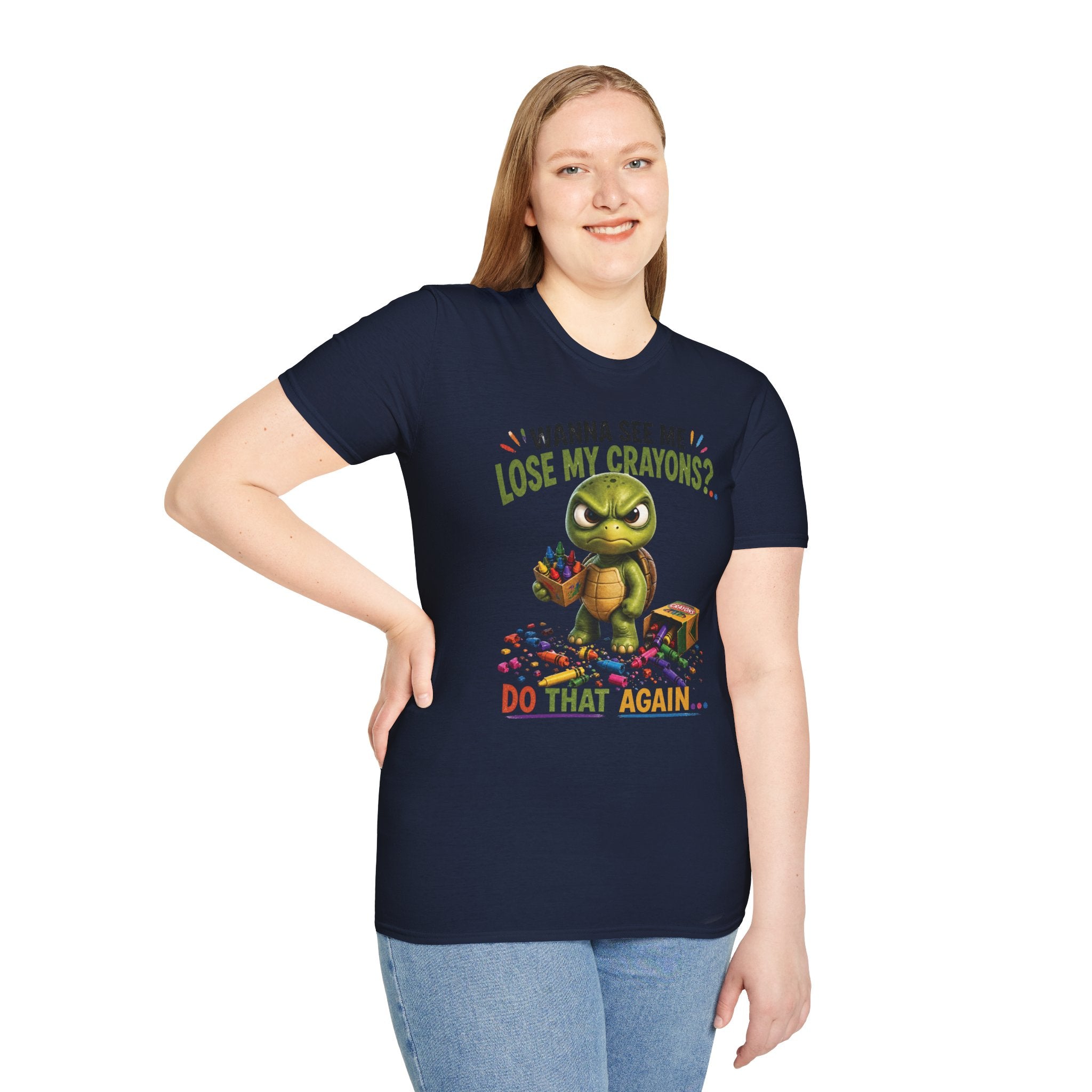 Funny Angry Turtle T-Shirt — “Wanna See Me Lose My Crayons? Do That Again…” — Teacher & Art Lover Tee