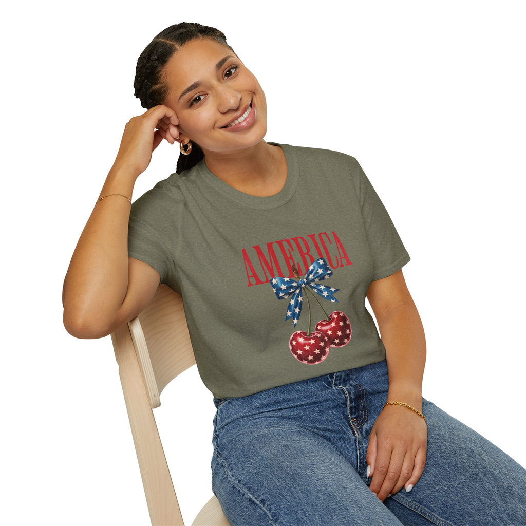 America Cherry Graphic T‑Shirt — Patriotic Stars & Stripes Bow Tee