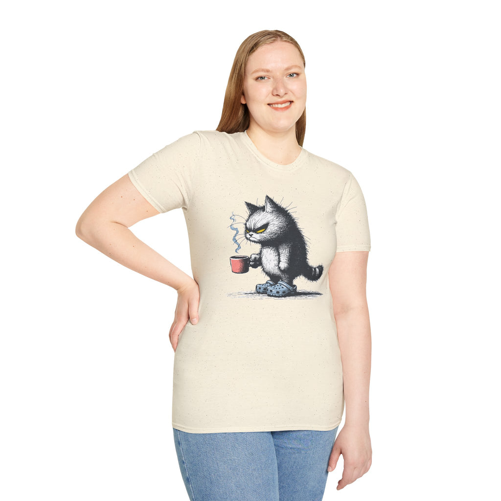 Cat Coffee T-Shirt — Grumpy Cat Holding Mug Illustration
