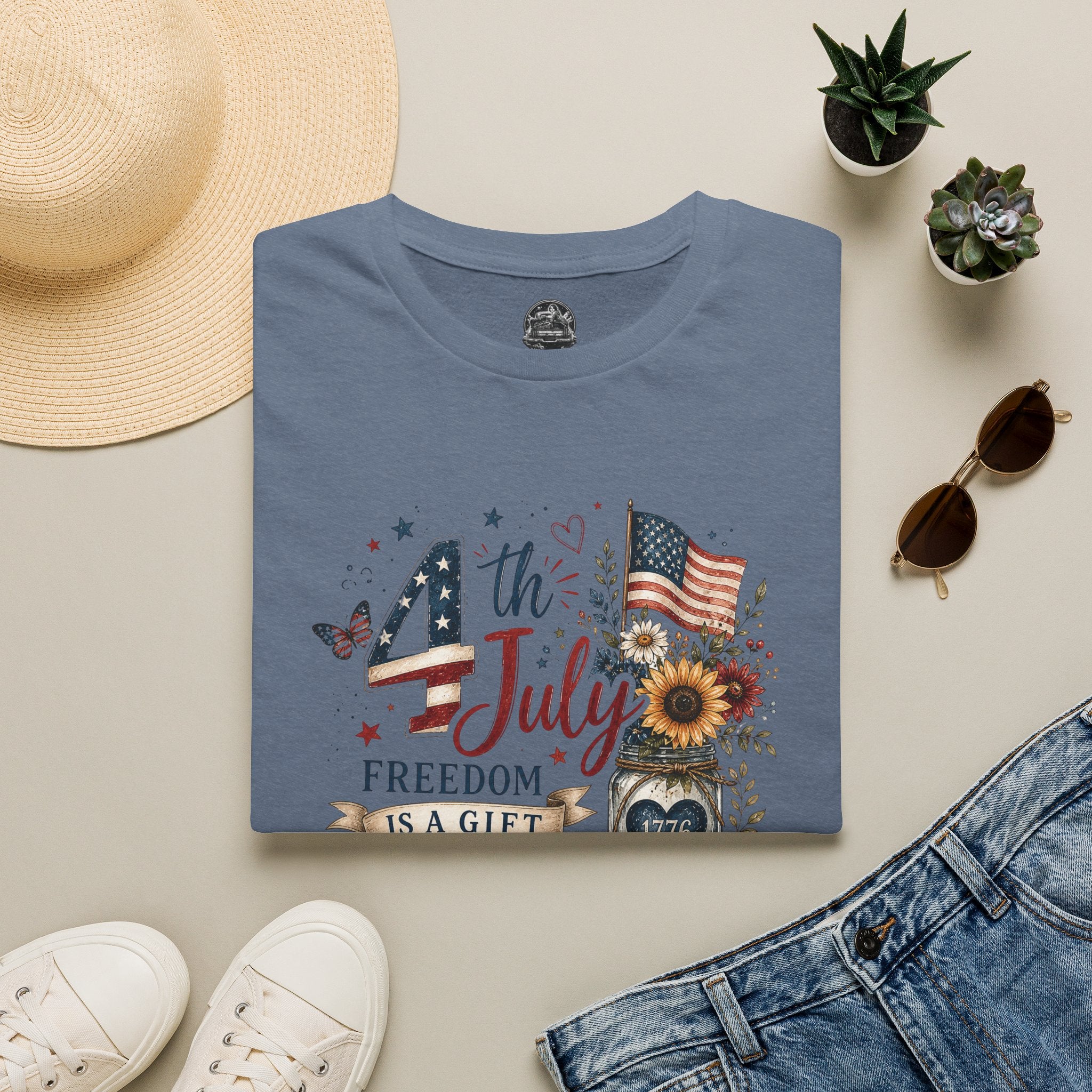 4th of July T-Shirt — "Freedom Is A Gift" Patriotic American Flag & Sunflower Tee