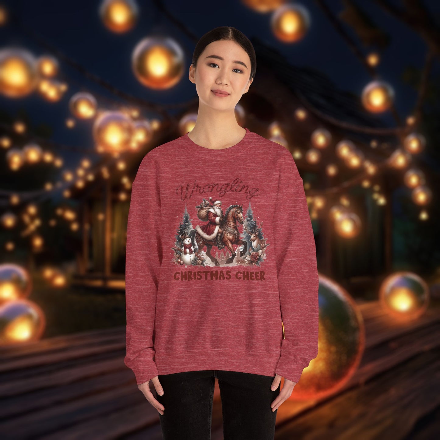 Christmas Western Sweatshirt with Santa on Horse and Snowman