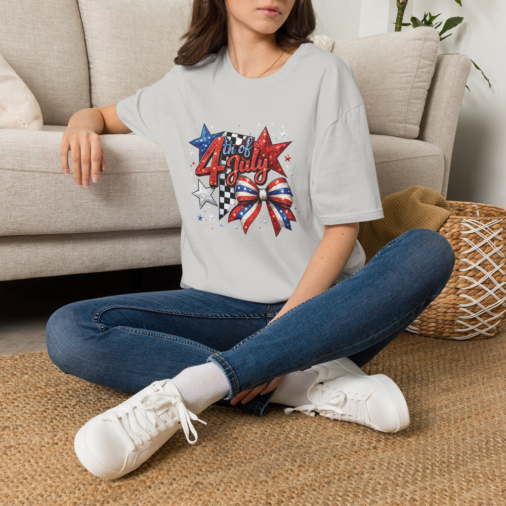4th of July Patriotic T-Shirt – Red White Blue Stars & Bow Design