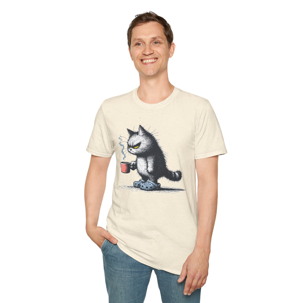 Cat Coffee T-Shirt — Grumpy Cat Holding Mug Illustration
