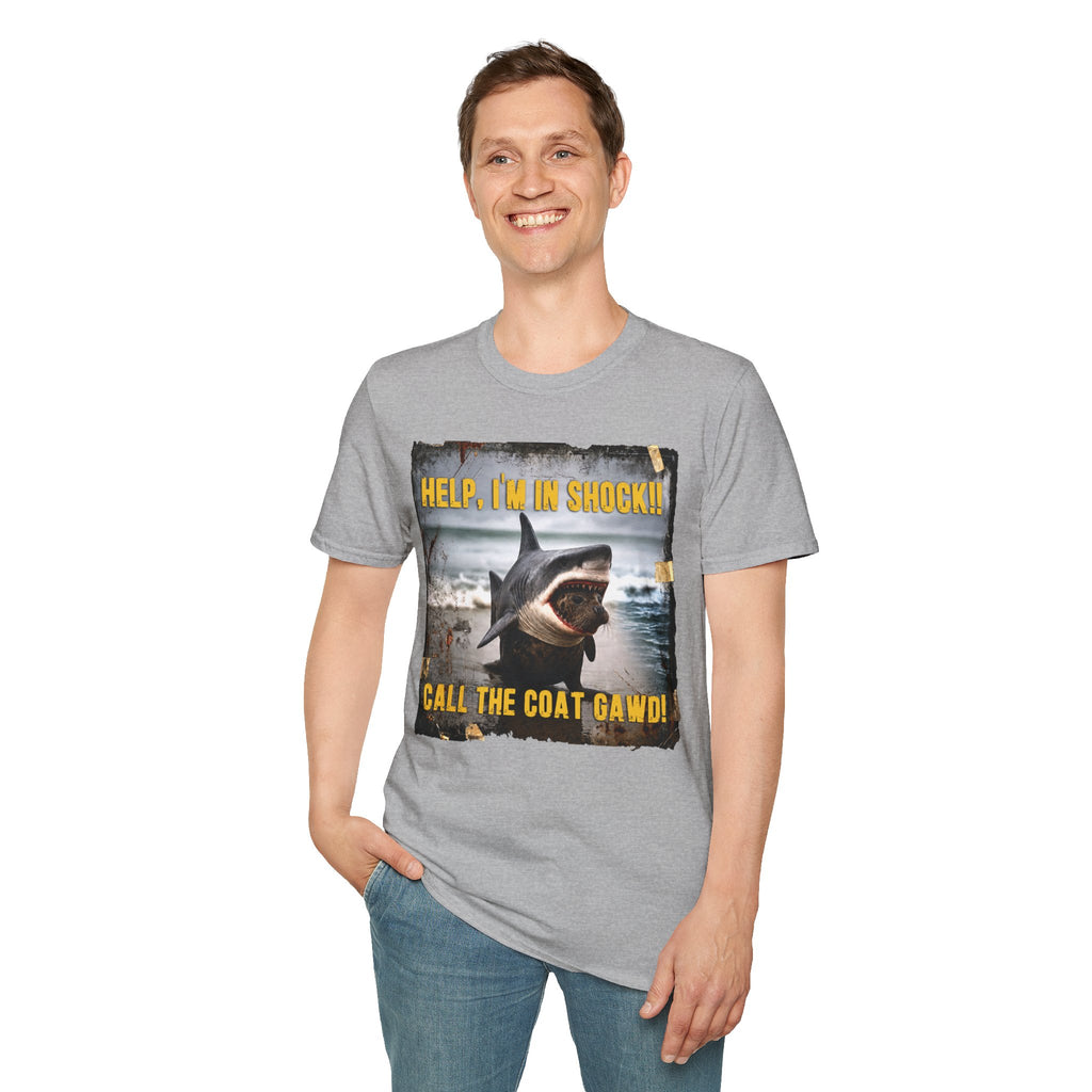 Shark Graphic T-Shirt — "Help, I'm in Shock!" Funny Beachwear