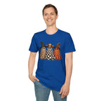 Halloween Ghost Trio T-Shirt — Leopard, Checker & Pumpkin Hat Design