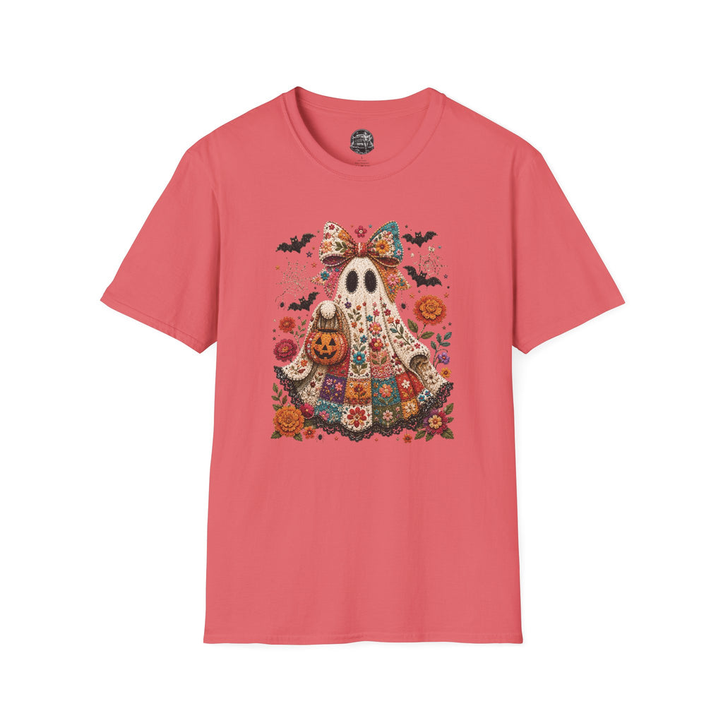 Patchwork Floral Ghost Halloween Shirt | Quilted Boho Ghost with Pumpkin and Bats