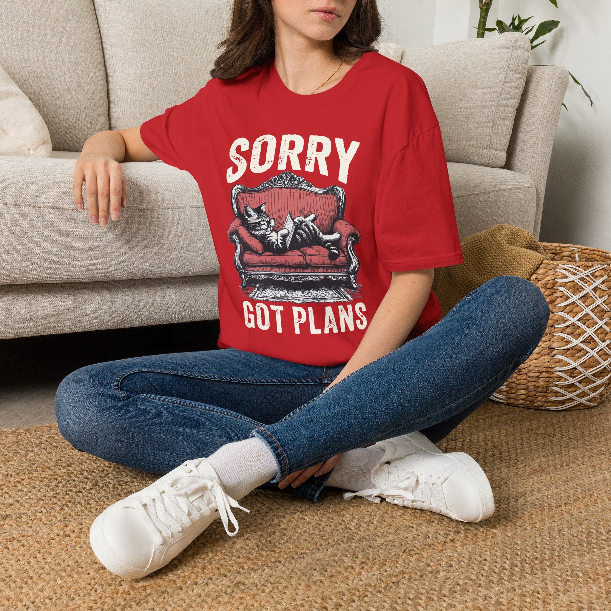 Sorry, Got Plans T‑Shirt — Cat on Couch Funny Lazy Day Tee