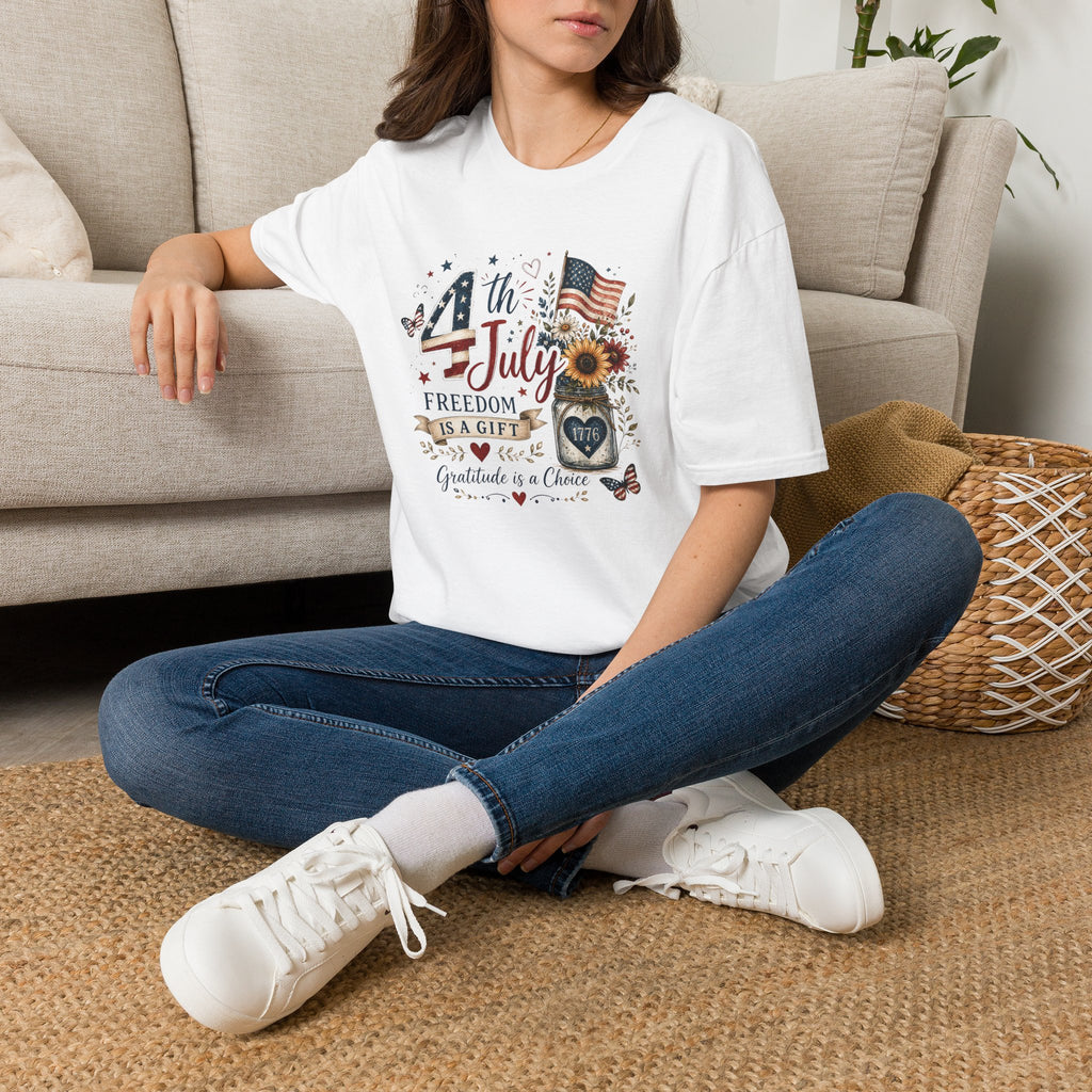 4th of July T-Shirt — "Freedom Is A Gift" Patriotic American Flag & Sunflower Tee