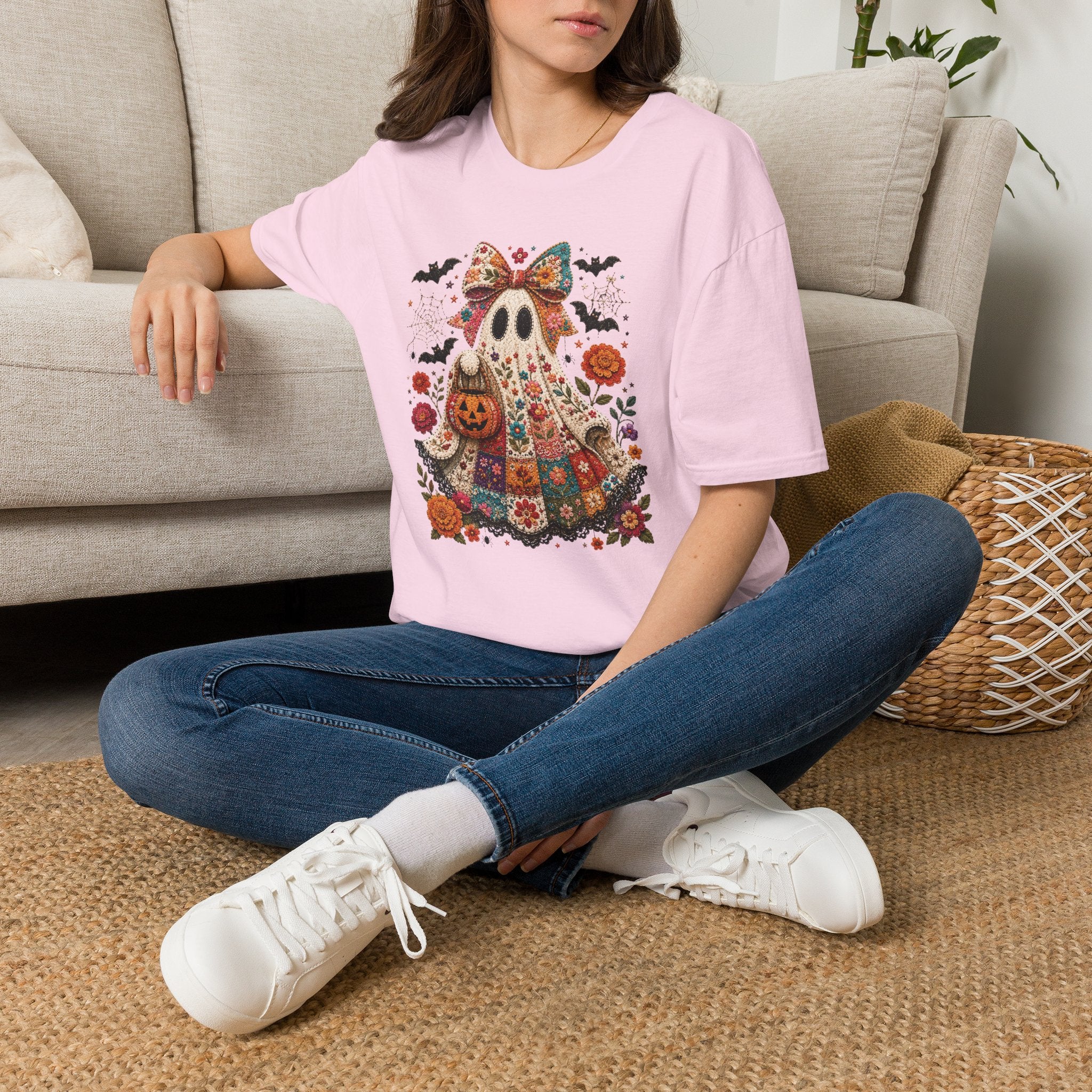 Patchwork Floral Ghost Halloween Shirt | Quilted Boho Ghost with Pumpkin and Bats