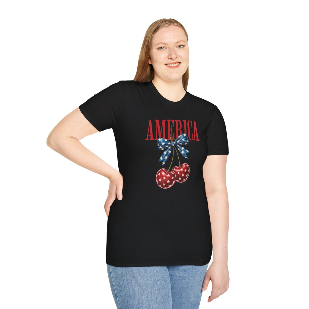 Patriotic Cherry T-Shirt — Glossy Stars & Vintage “AMERICA” Design