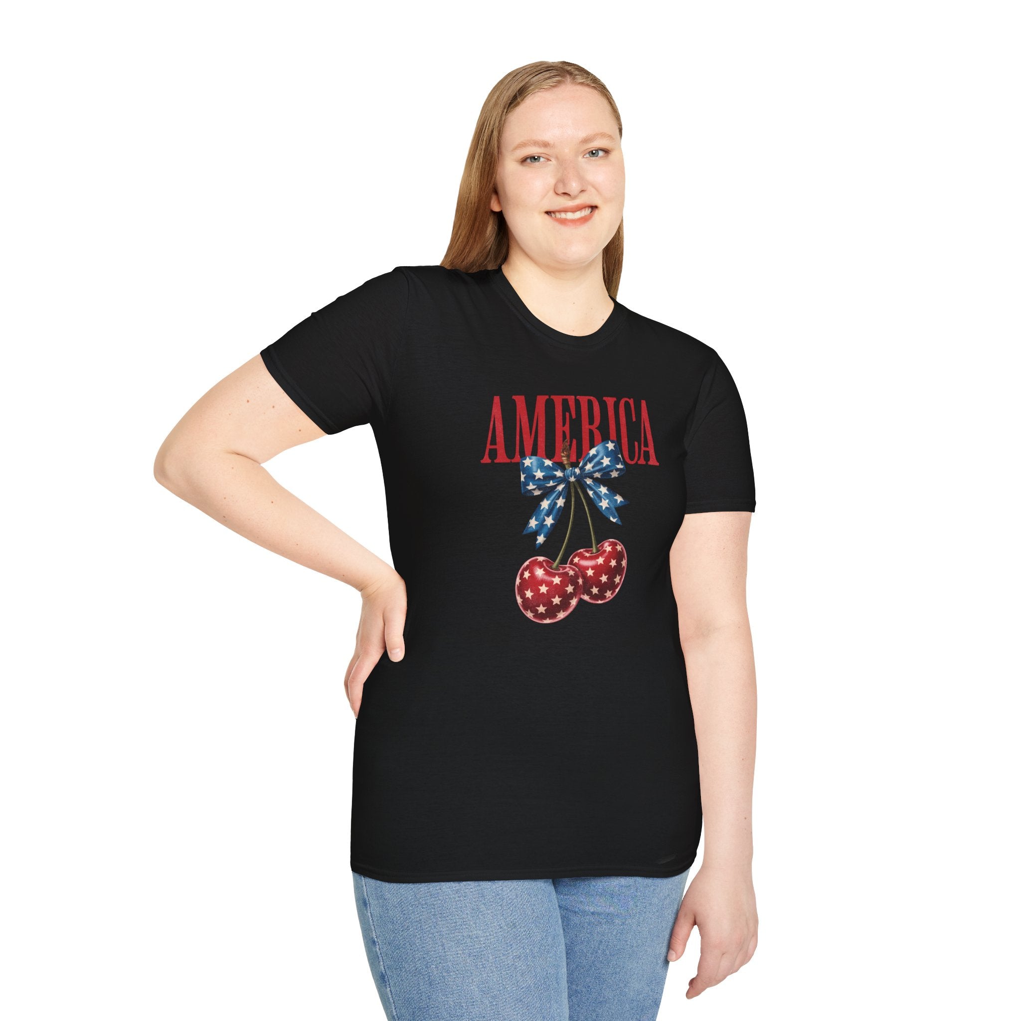 Patriotic Cherry T-Shirt — Glossy Stars & Vintage “AMERICA” Design