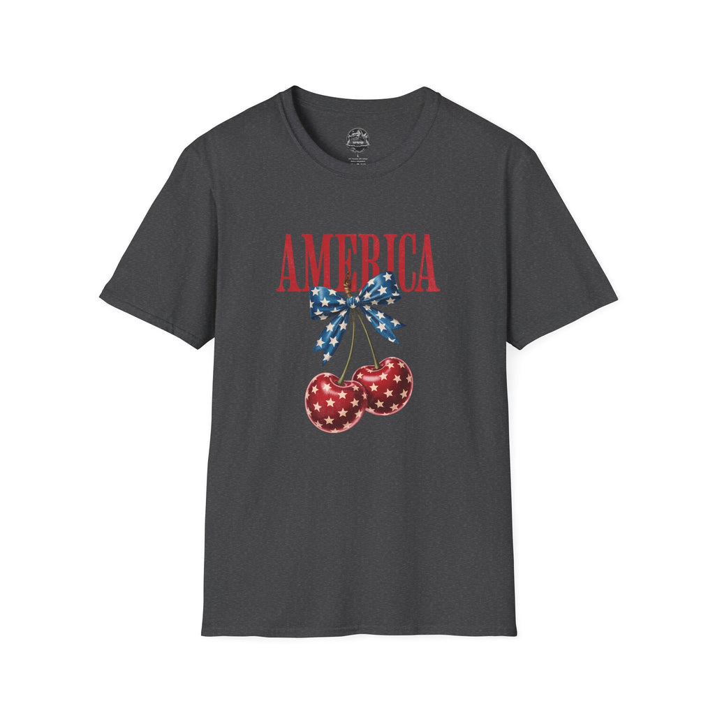 America Cherry Graphic T‑Shirt — Patriotic Stars & Stripes Bow Tee