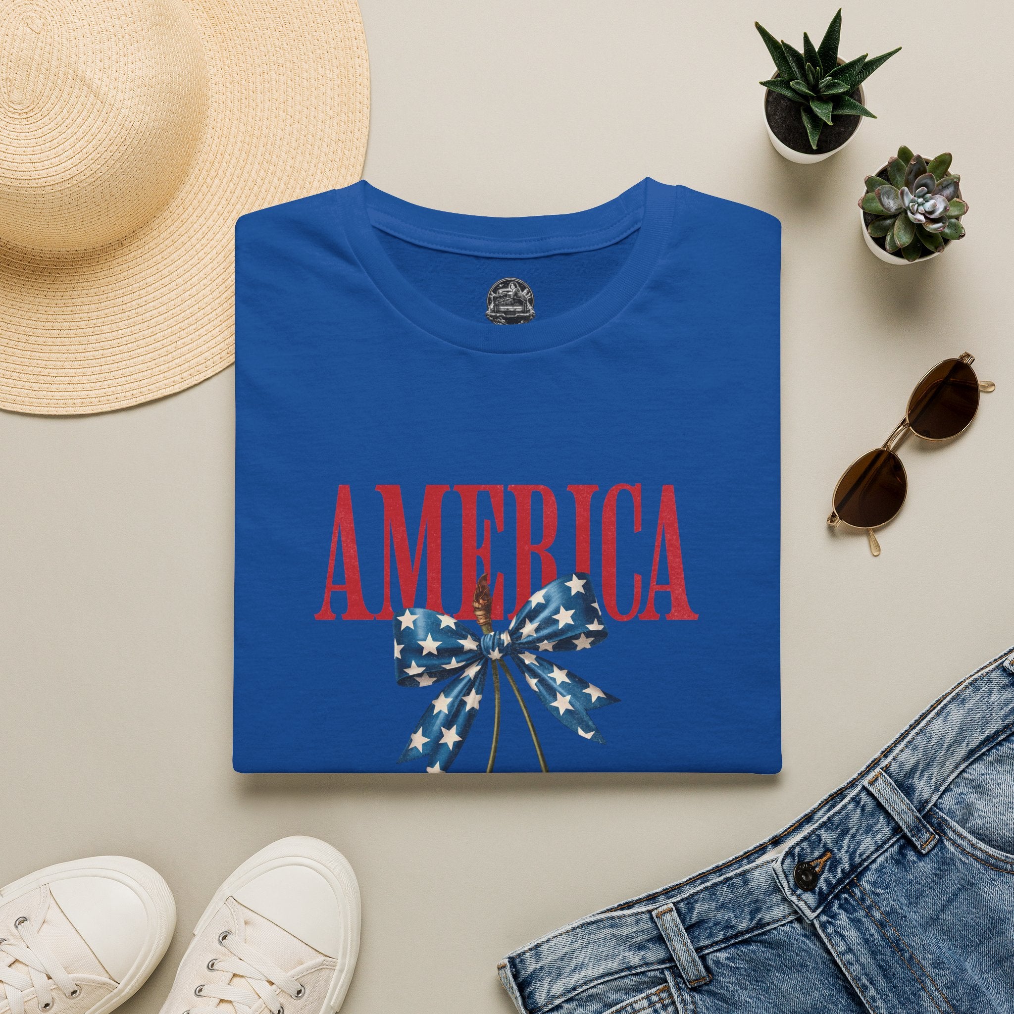 America Cherry Graphic T‑Shirt — Patriotic Stars & Stripes Bow Tee