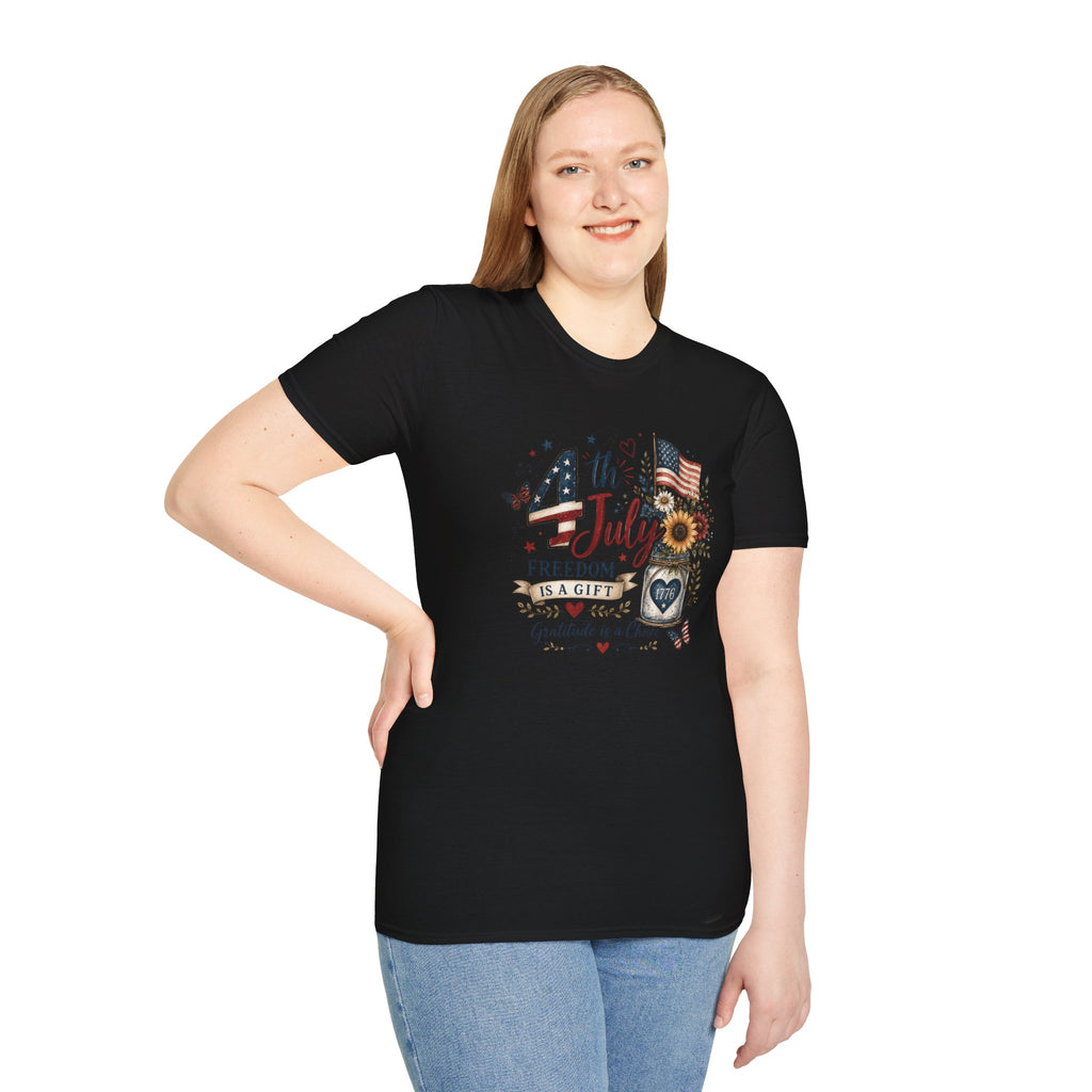 4th of July T-Shirt — "Freedom Is A Gift" Patriotic American Flag & Sunflower Tee