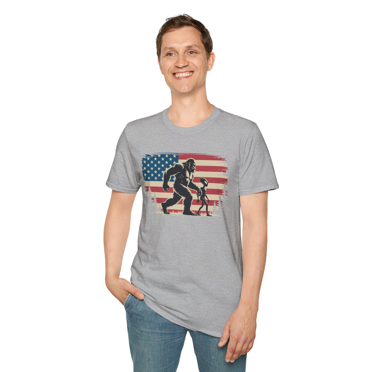 Bigfoot & Alien Patriotic T-Shirt — Distressed Flag Cryptid Design