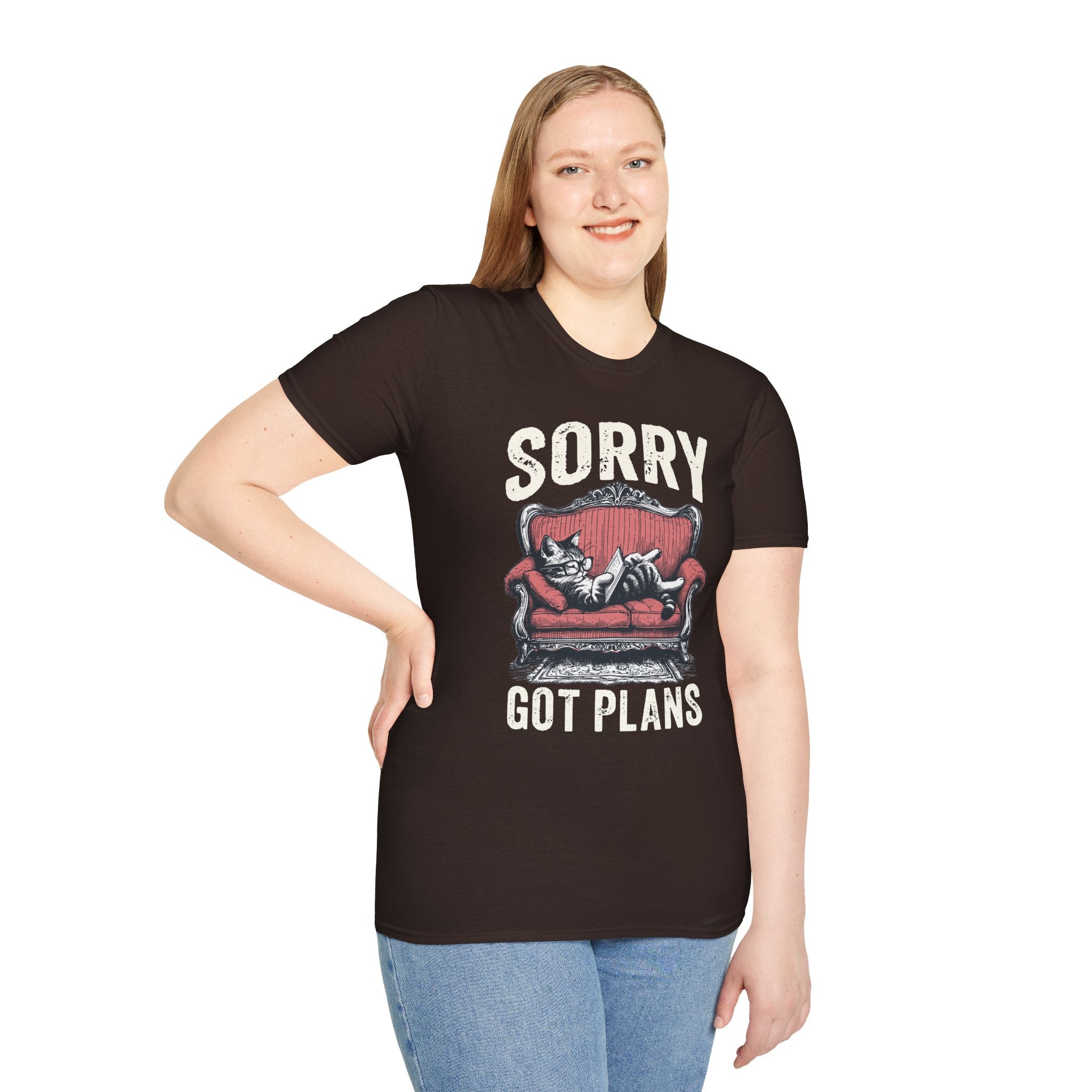 Sorry, Got Plans T‑Shirt — Cat on Couch Funny Lazy Day Tee