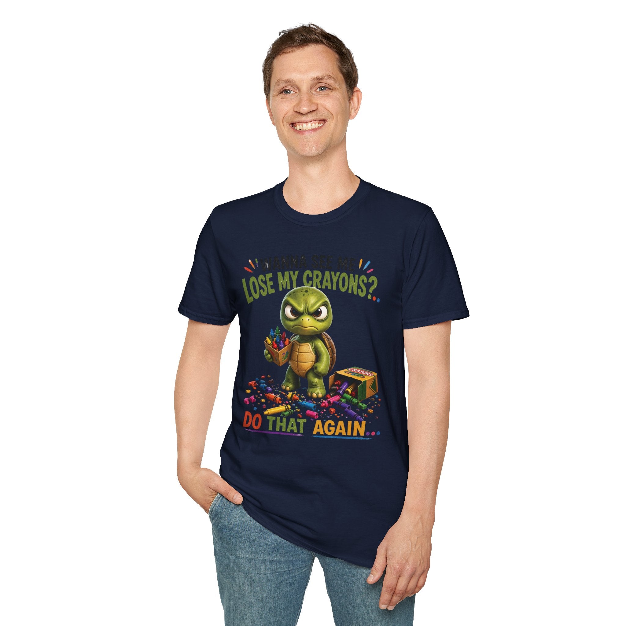 Funny Angry Turtle T-Shirt — “Wanna See Me Lose My Crayons? Do That Again…” — Teacher & Art Lover Tee